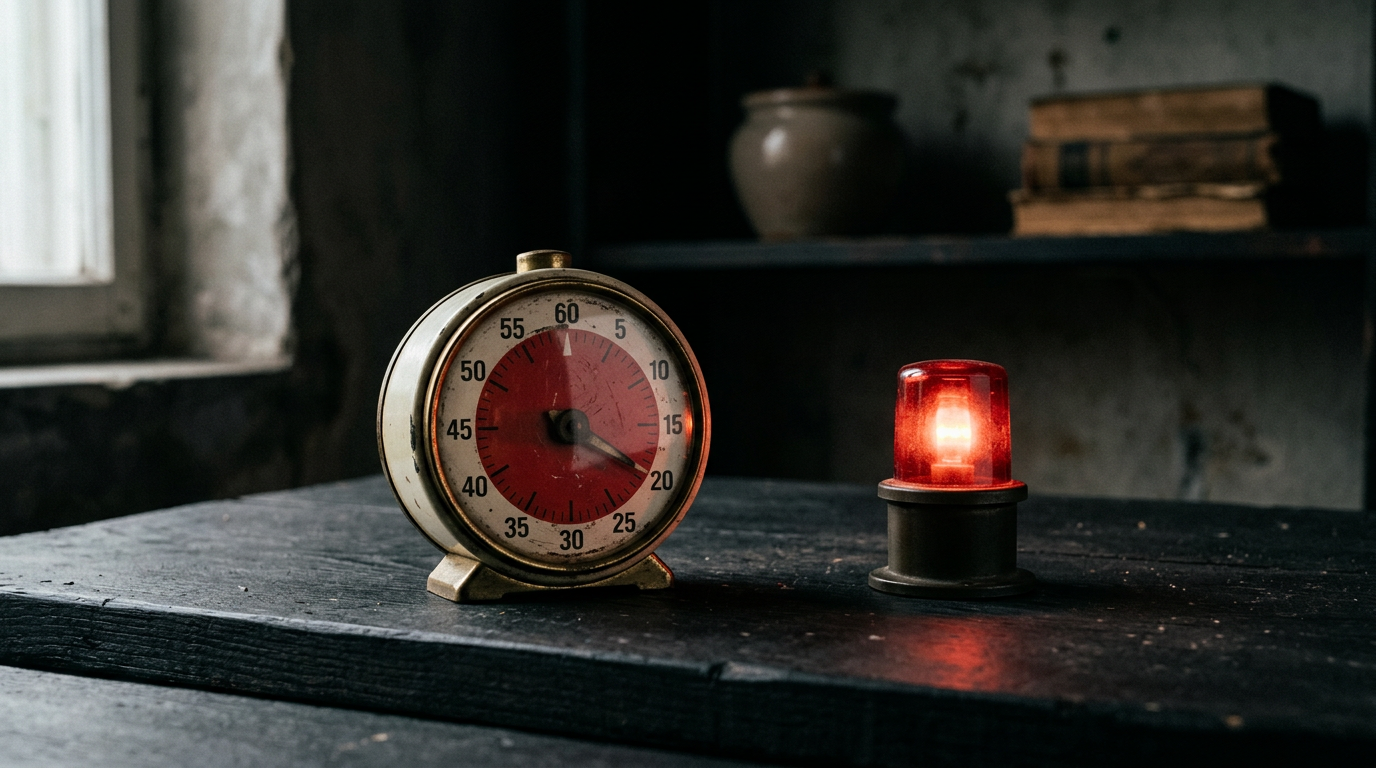 An analog kitchen timer and a small red warning lamp on a dark desk